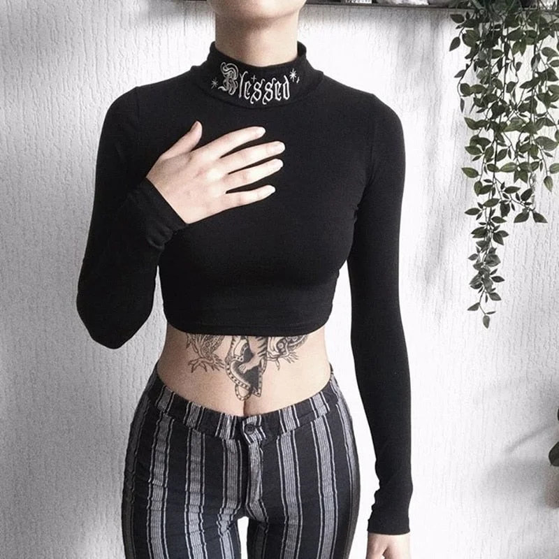 InsGoth Women Black Bodycon Long Sleeve Crop Tops Gothic Harajuku Letter Embroidery Vintage Solid Tops Female Casual Basic Tops