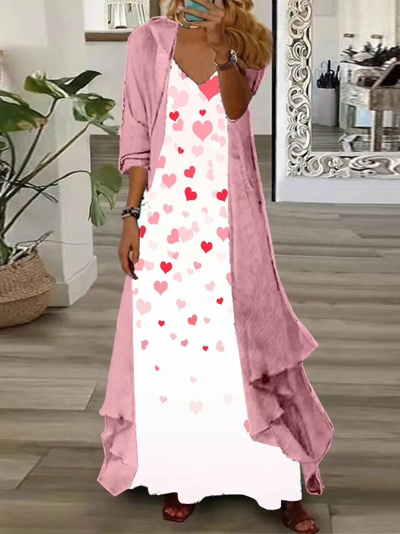 Women's Long Sleeve V-neck Graphic Printed Two Pieces Maxi Dress