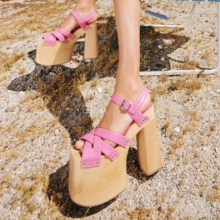 Pink Square Toe High Heels Women's Classic Platform Buckle Shoes Party Studs Sandals |FSJ Shoes