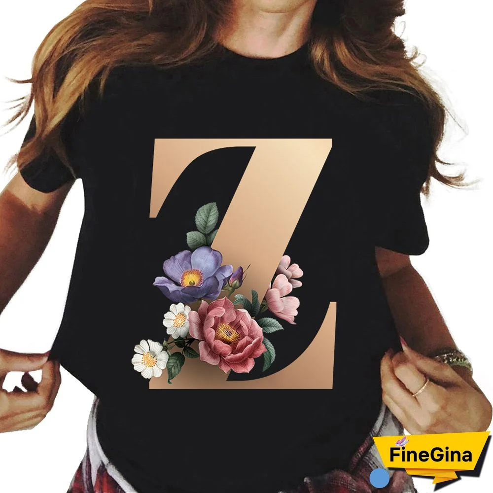 Custom Name Letter Combination T-shirt 26 FloralAlphabetFontClassicTShirt Fashion Harajuku Kawaii TShirt Women Top Tees