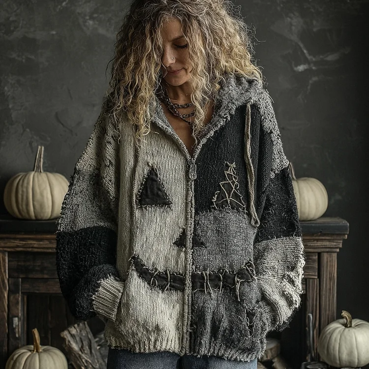 Halloween Pumpkin Face Patchwork Art Cozy Knit Hooded Cardigan