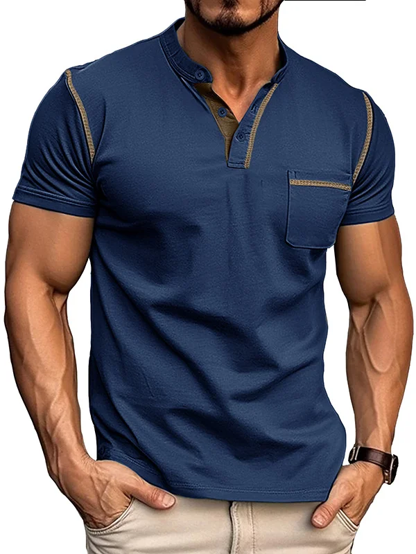 Men's Solid Color Chest Pocket Short Sleeve Henley Collar Shirt