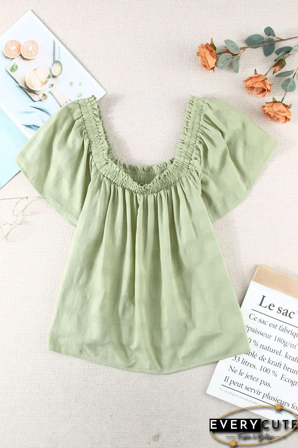 Green Square Neck Jacquard Short Sleeves Top