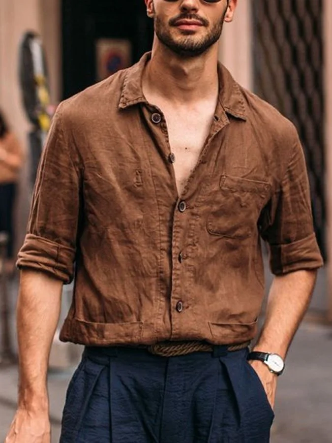 Men's Solid Cotton Linen V-neck Shirt socialshop