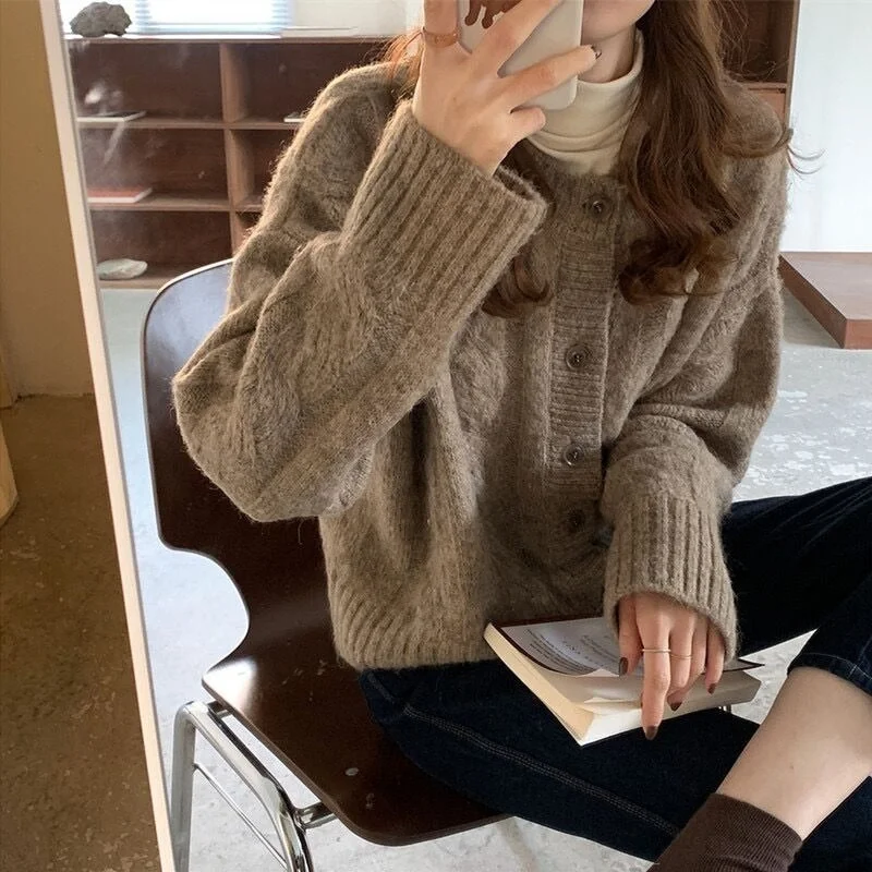 Autumn Elegant Warm Sweater Cardigan Fashion Loose Thick V-neck Knitted Sweater Gentle Vintage Winter Clothes Women Tops 16053