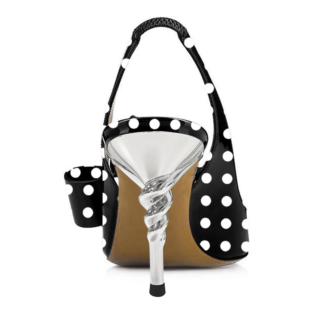 Black Pointed Toe White Polka Dots Slingback Heels with Bow