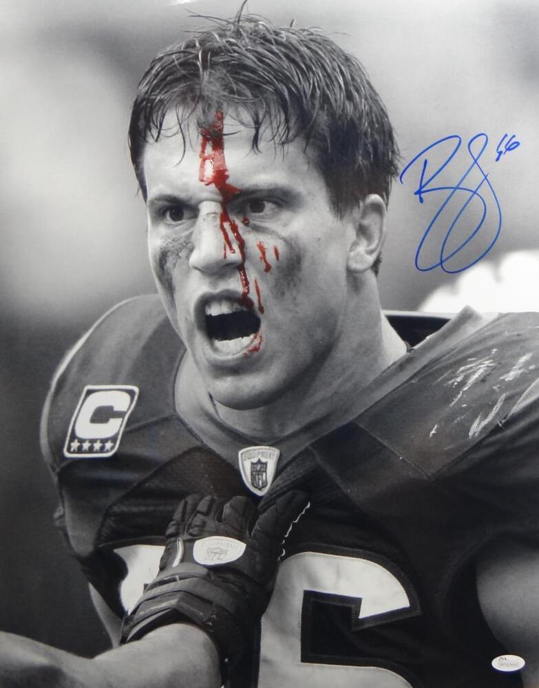 Brian Cushing Signed Texans 16x20 B&W Bloody Face Photo Poster painting- JSA W Auth *Blue