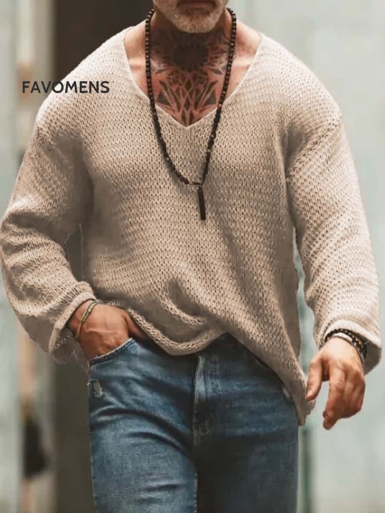Men’s V-Neck Solid Color Long Sleeve Knitted Top Khaki / M