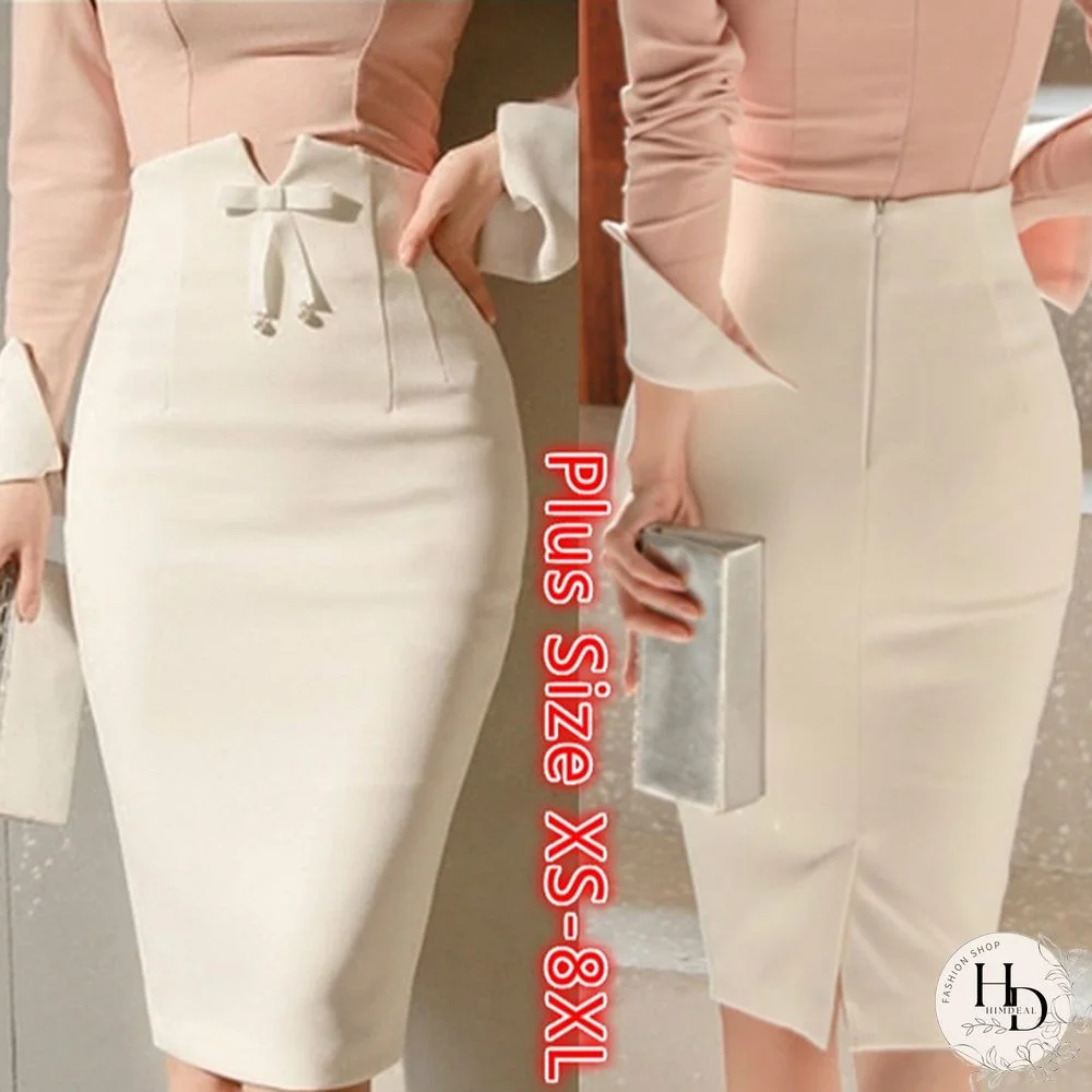 Women High Waist Bowtie Skirt Autumn Office Lady Elegant Pencil Skirt Pure Color Slim Mid Skirts