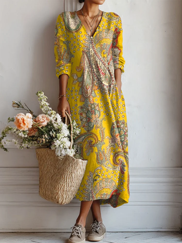 Women's Vintage Flower Art Print Linen Pocket Tunic Dress