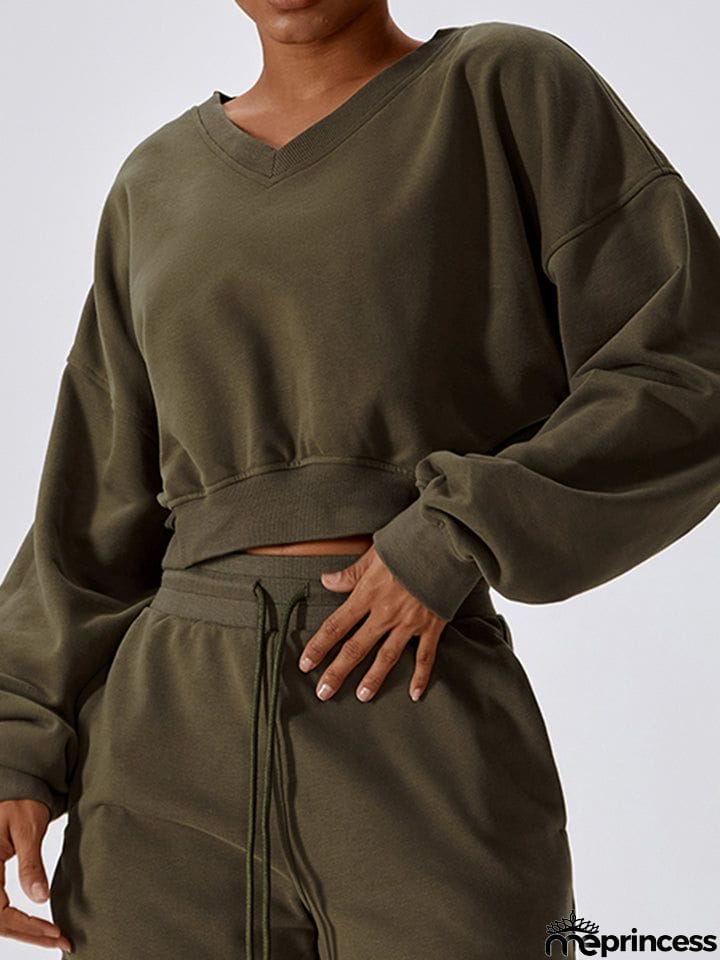 V-Neck Dropped Shoulder Sports Sweatshirt