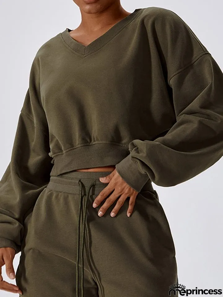 V-Neck Dropped Shoulder Sports Sweatshirt