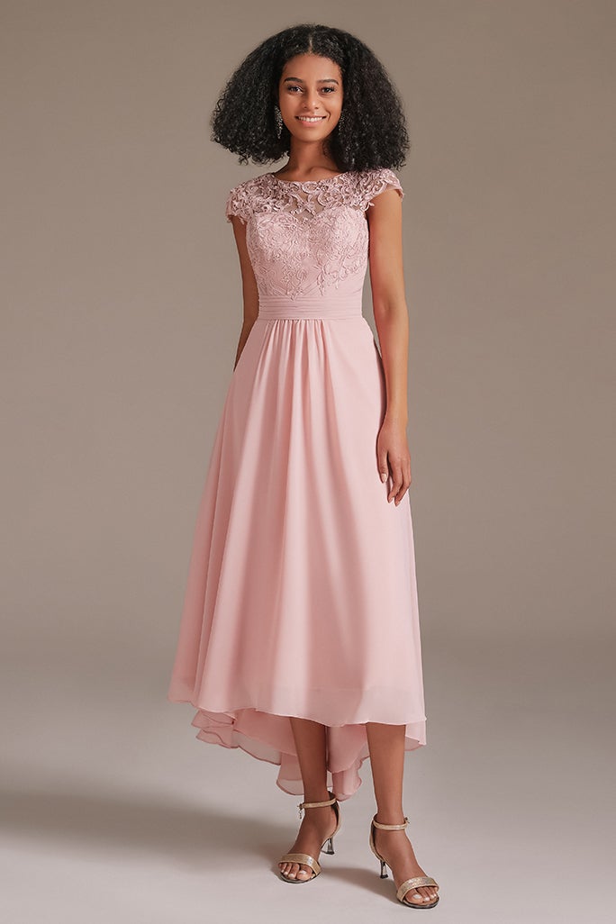 Oknass Chic Cap Sleeve Jewel Pink Applique Cheap Bridesmaid Dress With Pockets