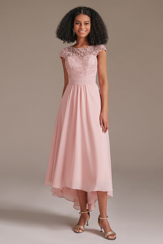 Sleeve Cap Pink Applique Bridesmaid Dress With Pockets | Ballbellas Ballbellas