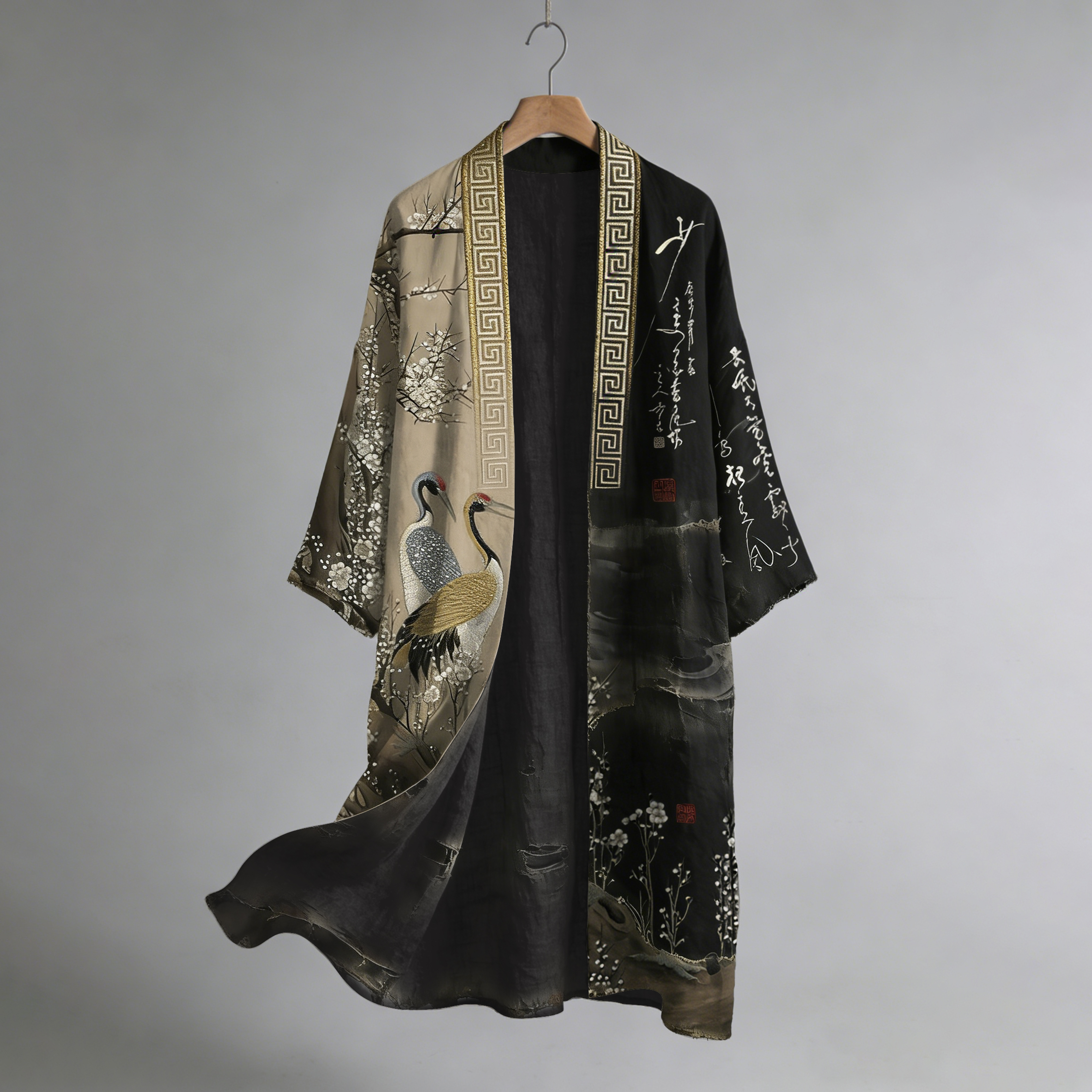 Japanese Vintage Crane With Calligraphy Pattern Flowy Linen Long Kimono elevenforest