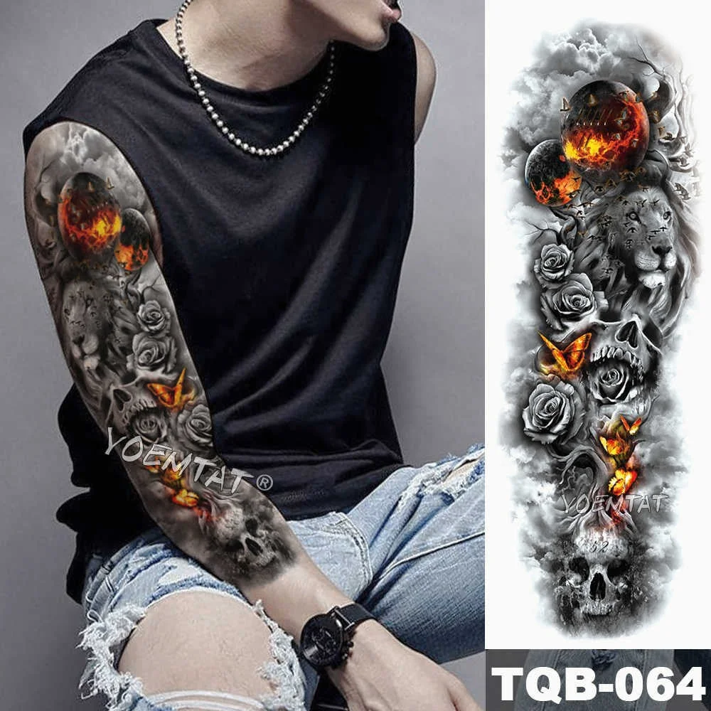 Large Arm Sleeve Tattoo Lion Crown King Rose Waterproof Temporary Tatoo Sticker Wild Wolf Tiger Men Full Skull Totem Tatto