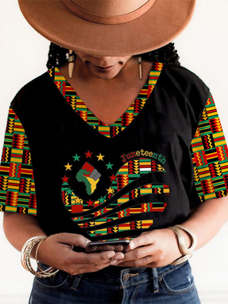 Comstylish Women's Juneteenth Print V Neck T-Shirt