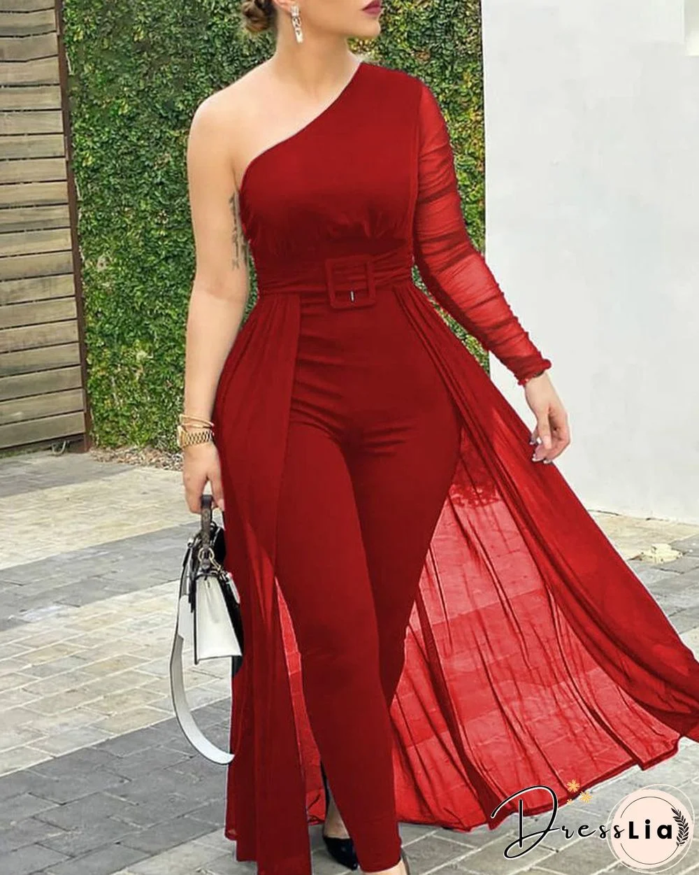 One Shoulder Plain Sheer Mesh Jumpsuit P13744