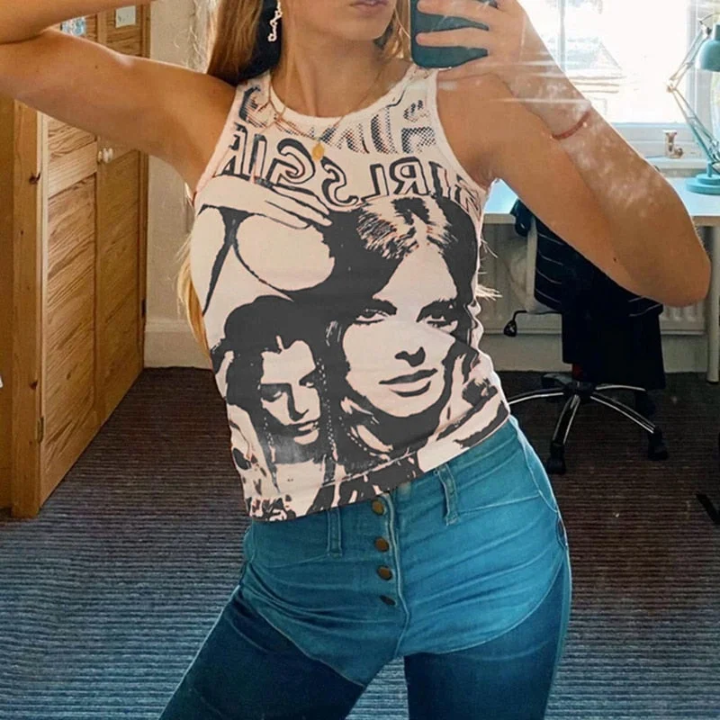 E-girl Vintage Y2K Aesthetic Tank Top Hip Hop Face Graphic Print Sleevless Slim Fit Women Gothic Crop Vest Sweats Tee Streetwear