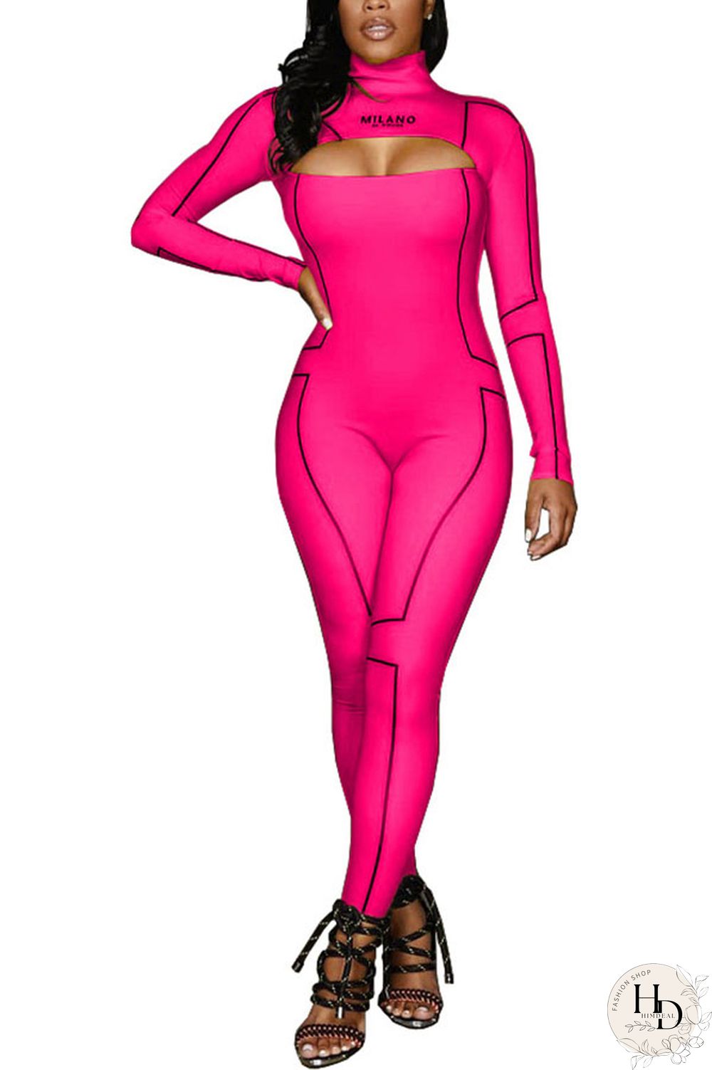 rose red Fashion Print Backless Milk. Long Sleeve O Neck Jumpsuits