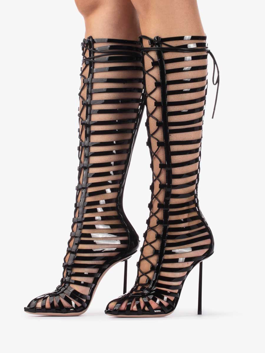 Sexy Black Lace-Up Heels Patent Leather Knee Gladiator Sandals