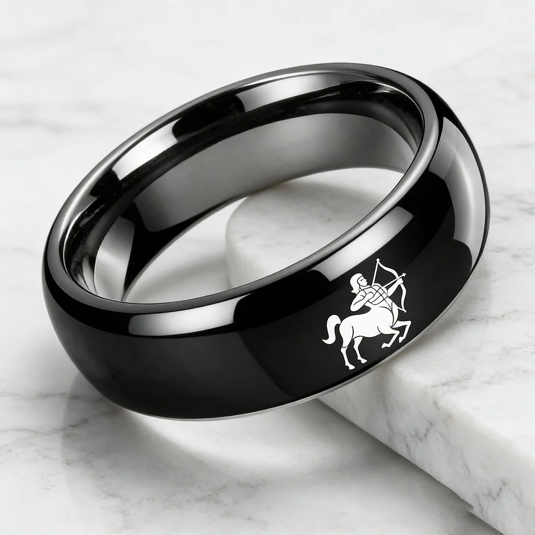 Men Women Sagittarius Tungsten Carbide Rings Prints Laser Design Domed Top Black Tungsten Wedding Band 4MM 6MM 8MM Width