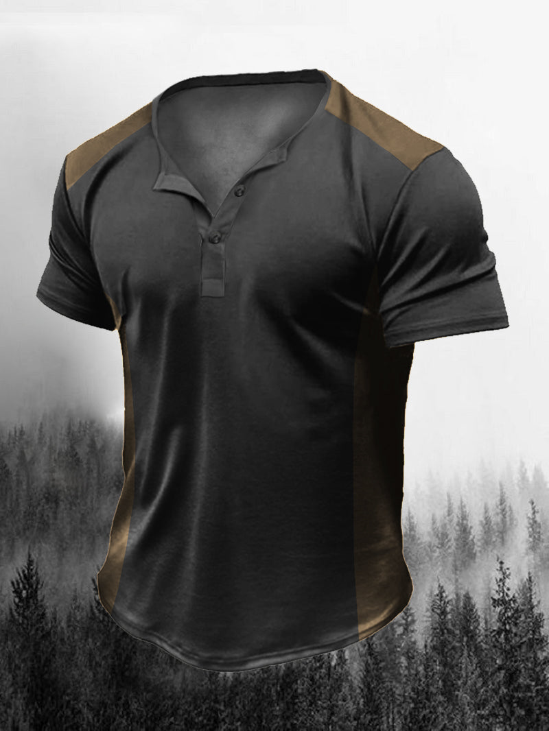Men's Retro Color Matching Henry Collar Short-Sleeved Shirt