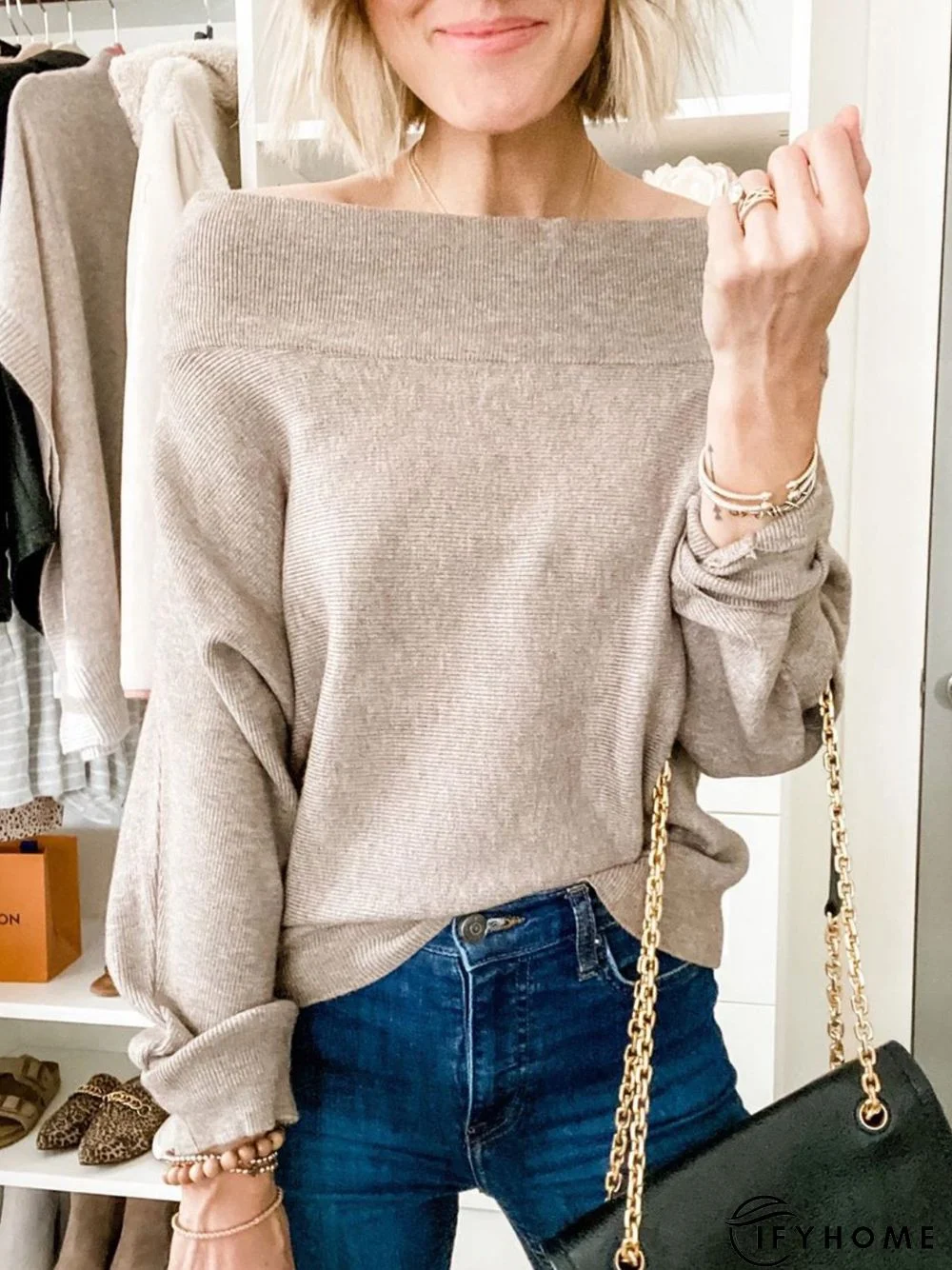 Light Coffee Solid Off Shoulder Cold Shoulder Casual Long Sleeve Sweater | IFYHOME