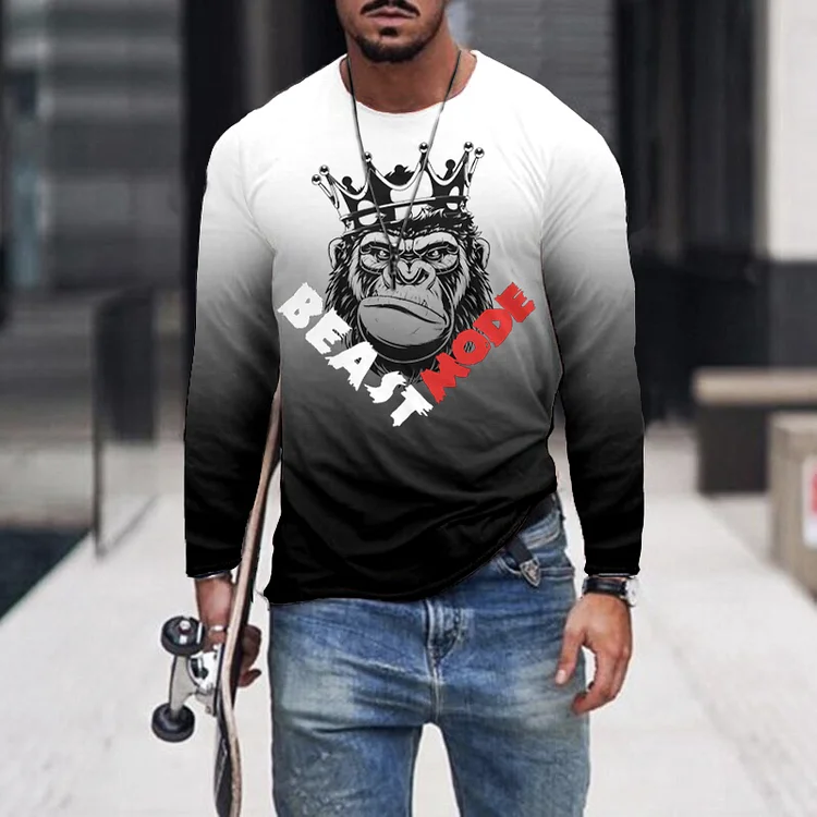 White And Black Gradient Print Long Sleeves T-Shirt