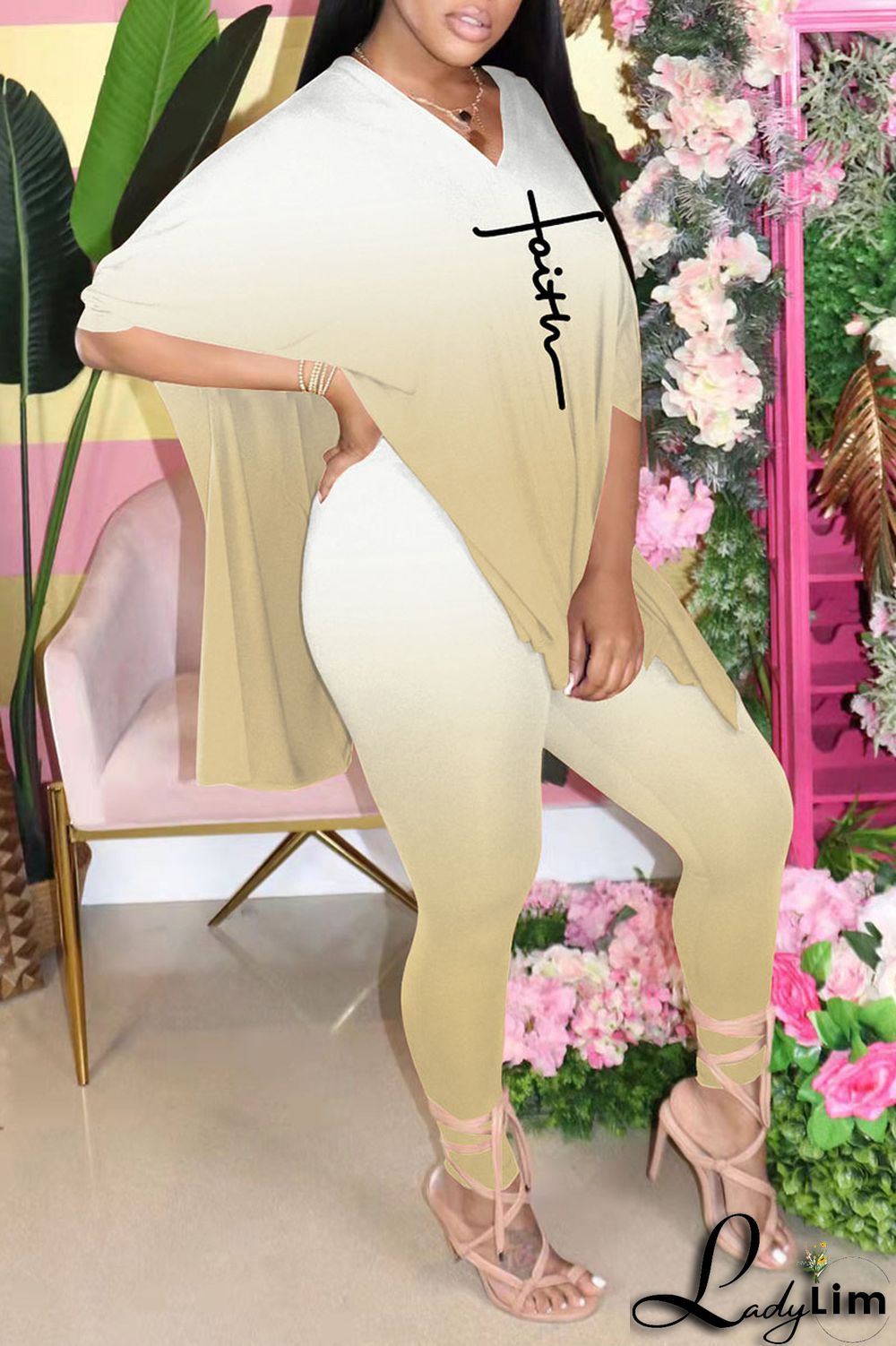 Black Casual Gradual Change Print Patchwork Slit V Neck Half Sleeve Two Pieces