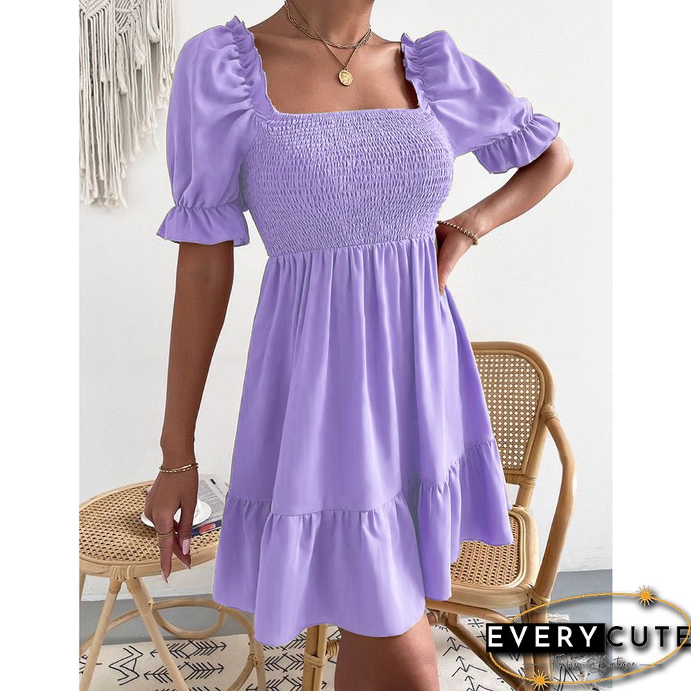 Light Purple Square Neck Short Sleeve Ruffle Mini Dresses