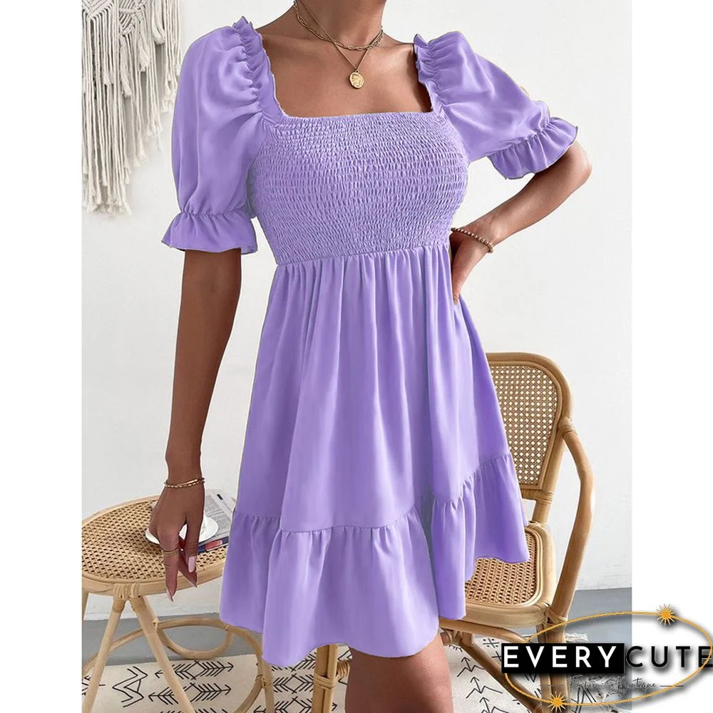 Light Purple Square Neck Short Sleeve Ruffle Mini Dresses