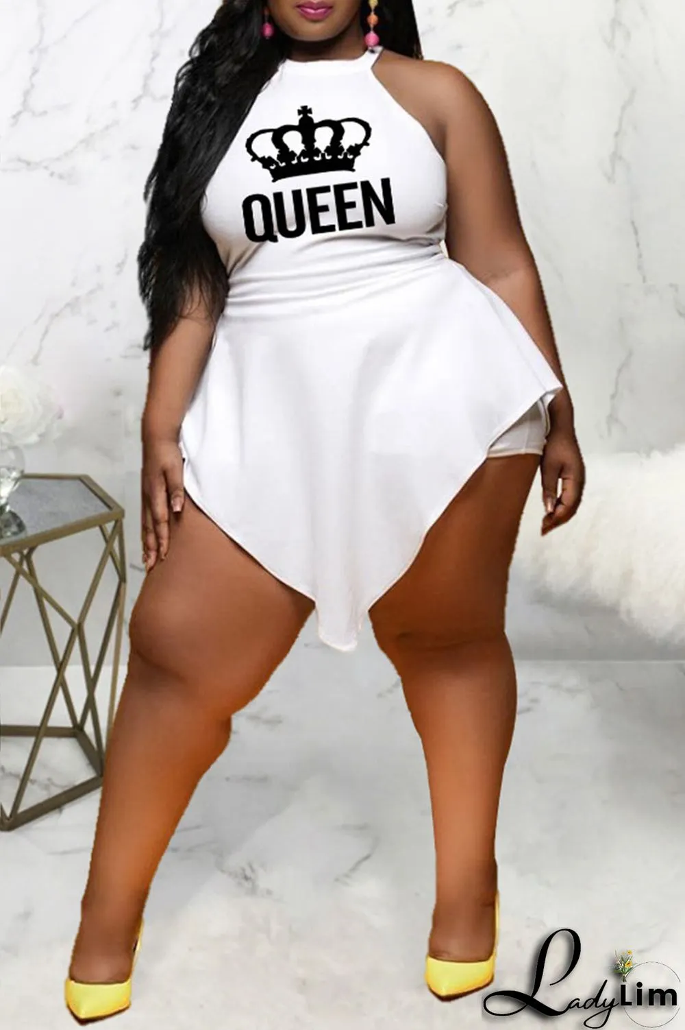 White Sexy Print Patchwork O Neck Plus Size Jumpsuits