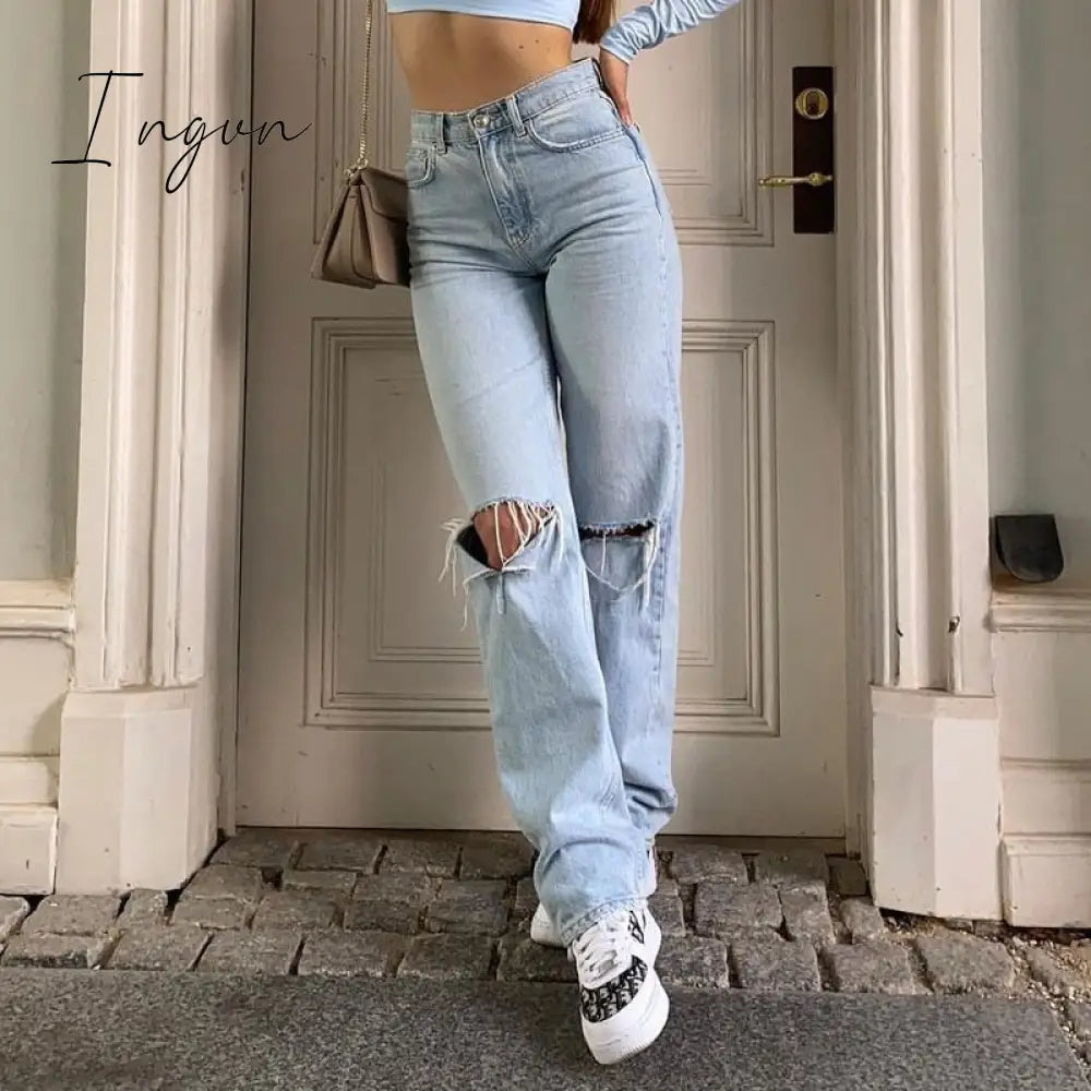 Ingvn - Womens Loose Fit Jeans Ripped Wide Leg For Women High Waist Blue Wash Casual Cotton Denim