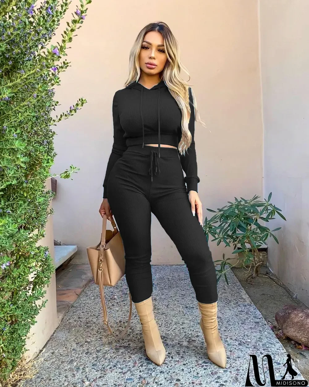 MidiSono - Autumn Knitted Solid Stretchy Hoodie Sweatpants Two Piece Set