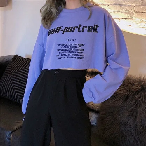 Hoodies Women Cotton Short Elegant Sweet Chic Letter Printed Sweatshirt Lady Korean Loose All-match Womens Long Sleeve Simple