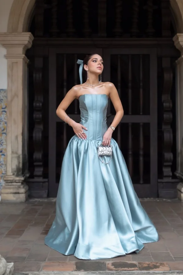 Silky Blue Pleated Straight Across Sleeveless Satin Prom Dress YK0112