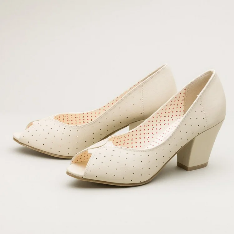 Women's White Peep Toe Golden Studs Vintage Chunky Heels Shoes |FSJ Shoes