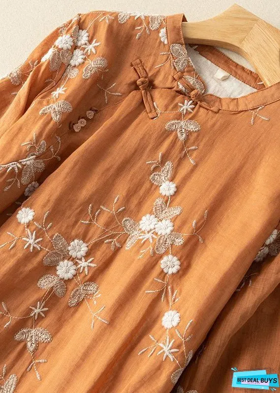 Vintage Orange Embroideried Chinese Button Patchwork Linen Dress Summer