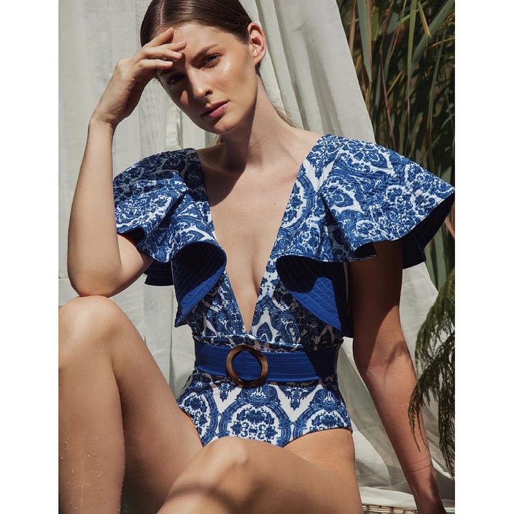 Deep V Ruffle Belt Printed One Piece Swimsuit