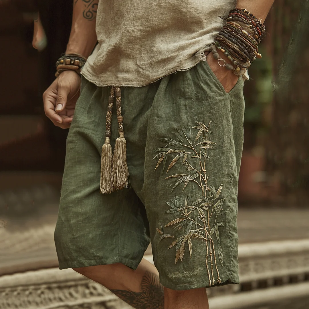 Japanese Bamboo Embroidery Art Linen Blend Casual Shorts