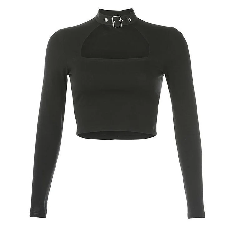 Black Crop Top Metal Buckle Hollow Short T-Shirt - Modakawa Modakawa