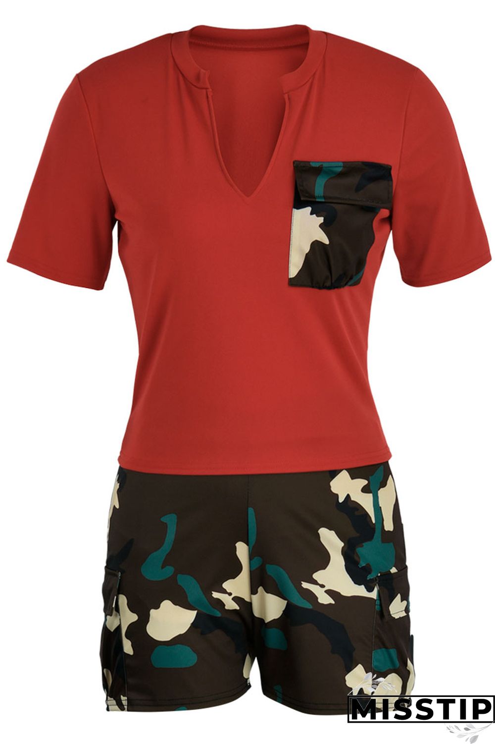 Red Casual Print Camouflage Print Patchwork V Neck Short Sleeve Two Pieces
