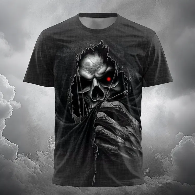 Men's Halloween Dark Skull Print Crew Neck Short Sleeve T-shirt