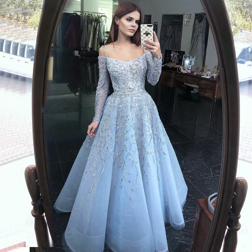 Lisliy Baby Blue Long Sleeves Spaghetti Strap Beadeds Embroidery A-Line Prom Dress