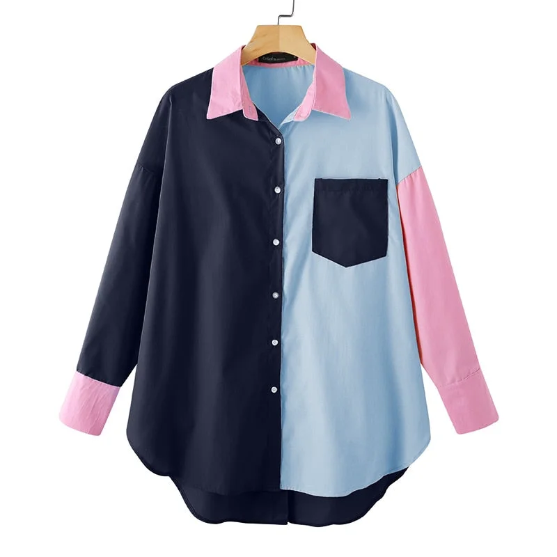 Celmia 2021 Fashion Women Long Shirt Elegant Long Sleeve Blouse Casual Buttons Vintage Tops Color Patchwork Asymmetrical Blusas