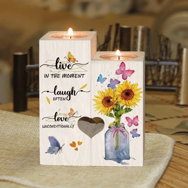 Laugh Often Candle Holder Wooden Sunflowers Candlestick Gifts For Mothers Daughters Friends
