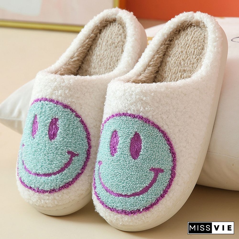Winter House Girls Fur Slippers Cute Smiley Pattern Women Fluffy Warm Bedroom Ladies