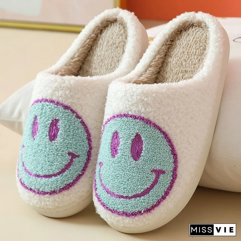 Winter House Girls Fur Slippers Cute Smiley Pattern Women Fluffy Warm Bedroom Ladies