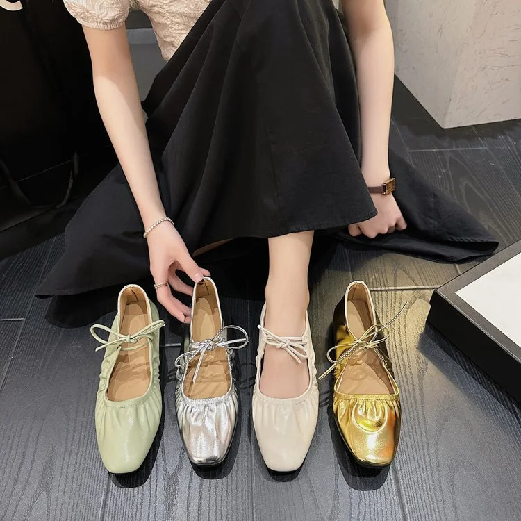 Yyvonne Women 2025 New Women's Shoes Spring Korean Plate Light Mouth Flat Bean Shoes Women's Style Lace Mary Jane Shoes